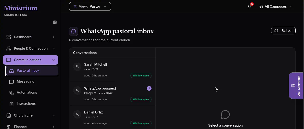 WhatsApp pastoral inbox with the conversation list and no conversation selected