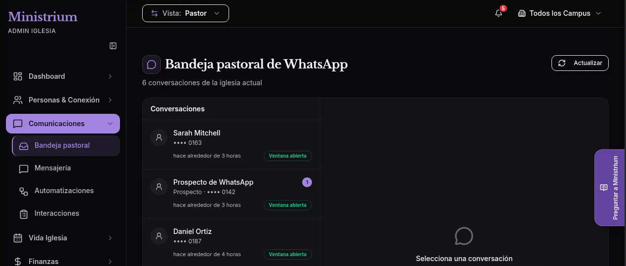 Bandeja pastoral de WhatsApp con la lista de conversaciones y ninguna conversación seleccionada