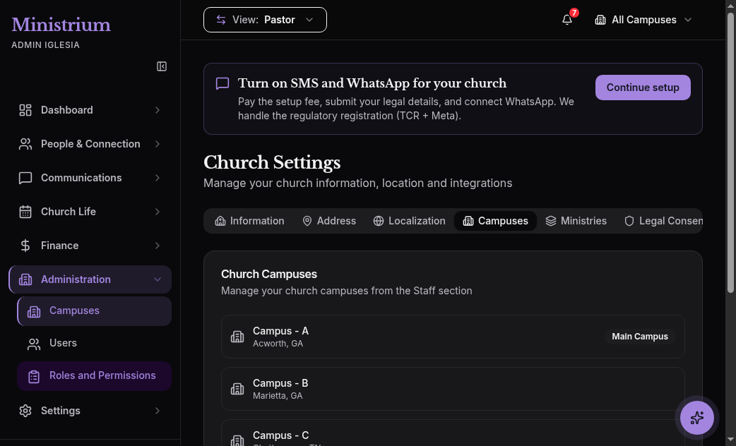 Screenshot of Church → Campuses