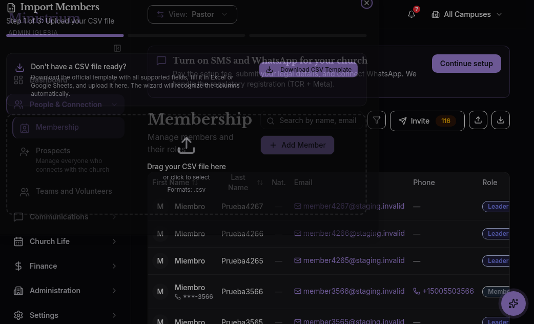 Screenshot of the Import Members CSV modal