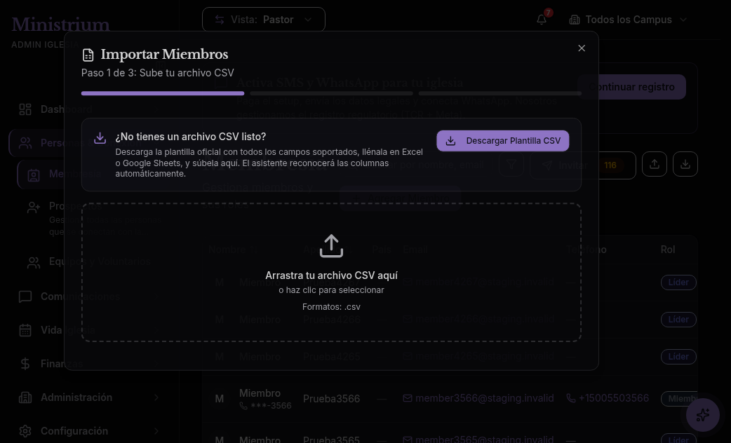 Captura de pantalla del modal de importación de miembros por CSV