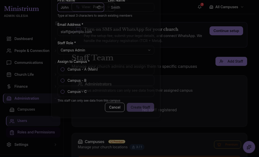 Screenshot of the Add Staff dialog