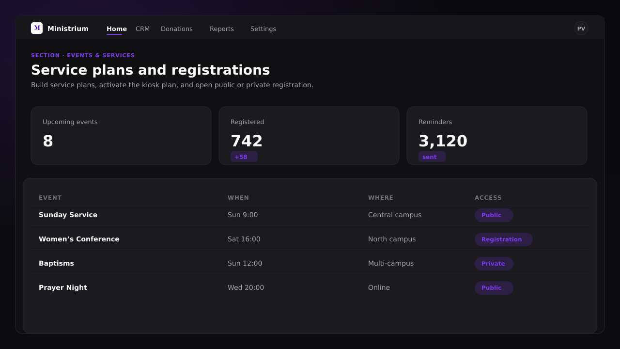 Screenshot of the Events admin panel