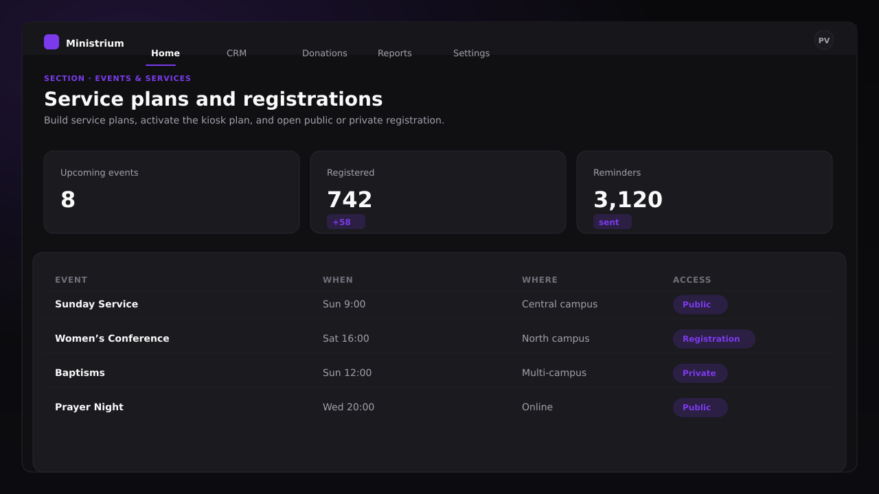 Screenshot of the Events admin panel