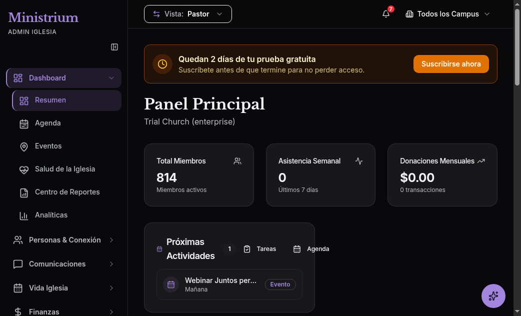 Captura de pantalla del panel de Bienvenida