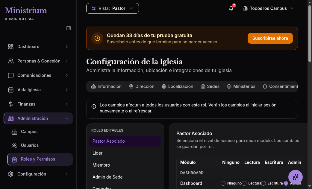 Captura de pantalla del panel de Roles y Permisos
