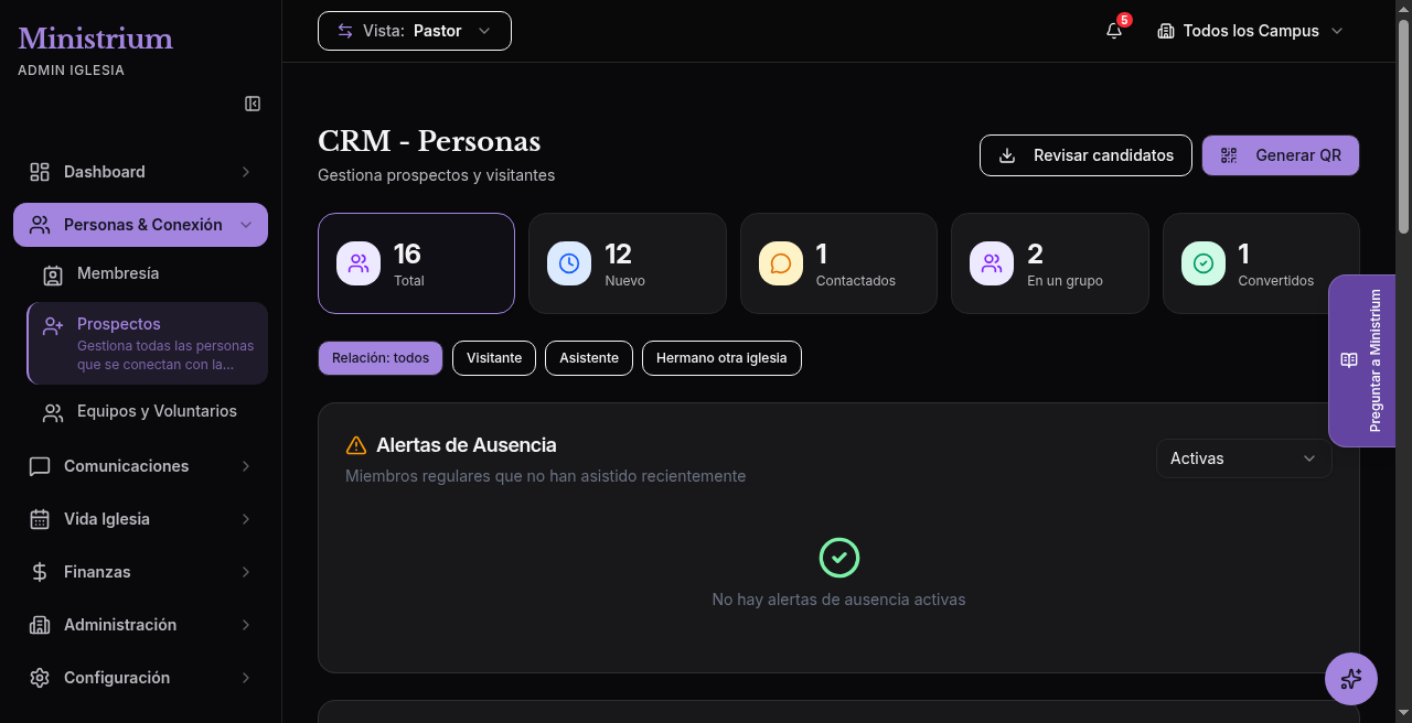 Captura de pantalla del panel de CRM
