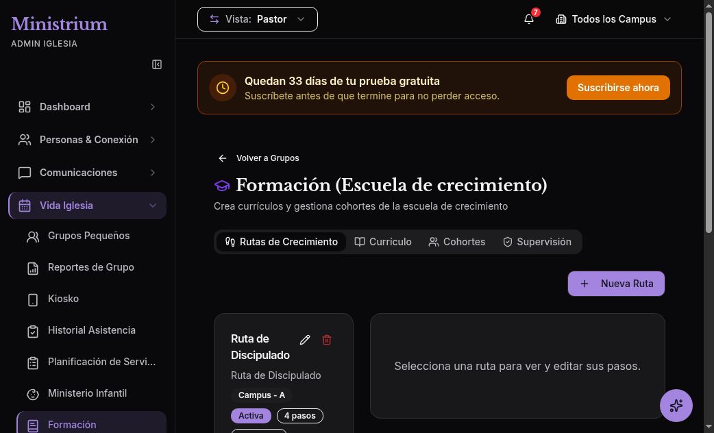 Captura de pantalla del módulo de Formación