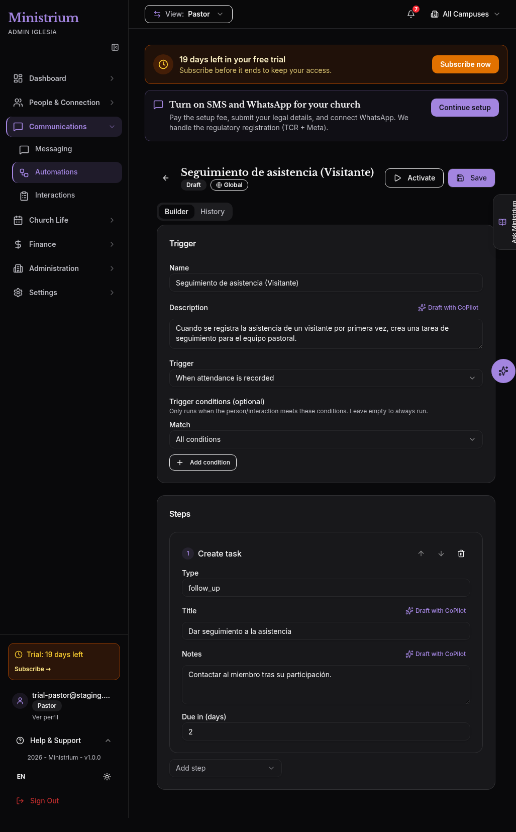 Visitor follow-up automation editor in English