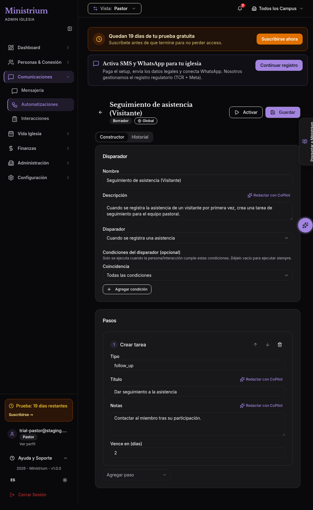 Editor de la automatización de seguimiento de visitantes en español